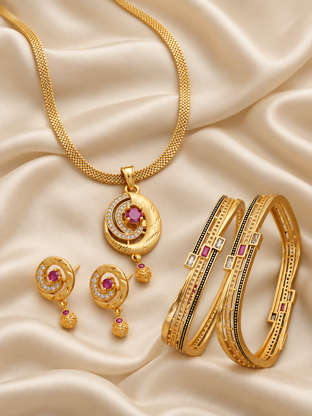 Gold Plated Pink Stone Necklace, Earrings & Bangle Set for Women | 5 Pieces