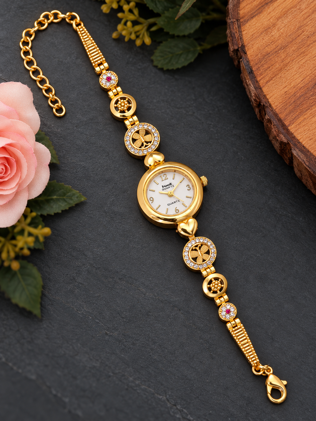 Gold-Plated Floral Link Watch Bracelet with Pink Stone Accents