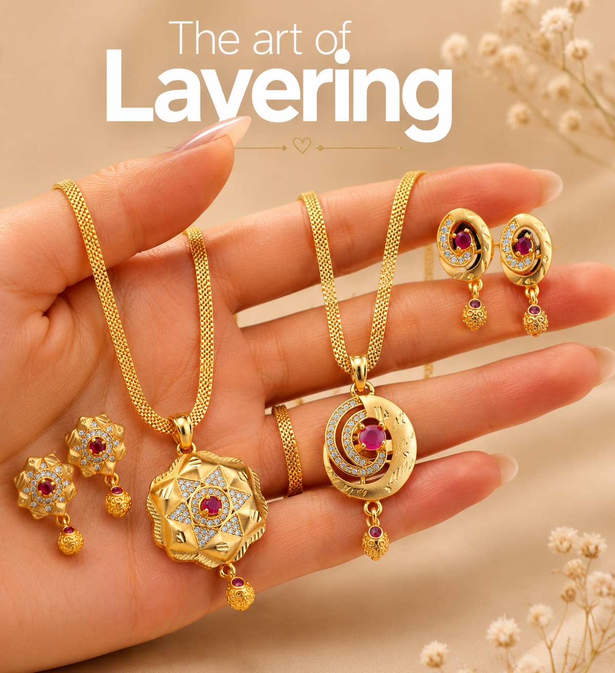 Elegant Designer Gold Tone Pendant Set with Red Ruby Center Stone & Matching Earrings | Ethnic Party Wear Jewelry Set