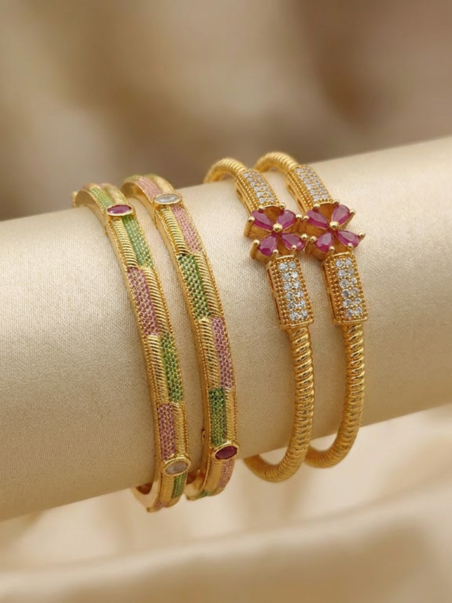Wedding & Festive Wear Ruby Flower Bangles Set | Designer Gold Plated Kada Combo