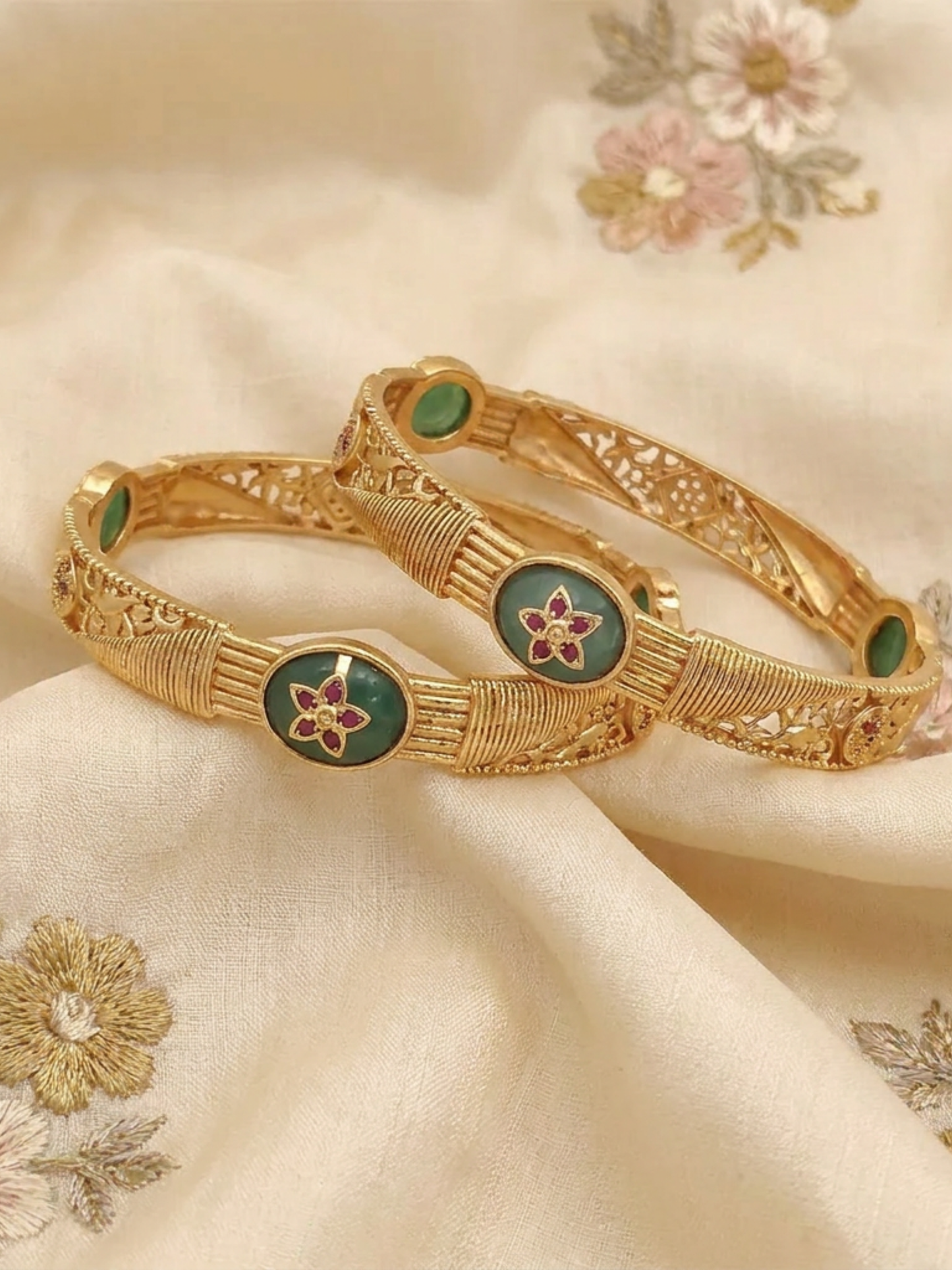 Traditional Antique Gold Floral Stone Bangles for Women & Girls