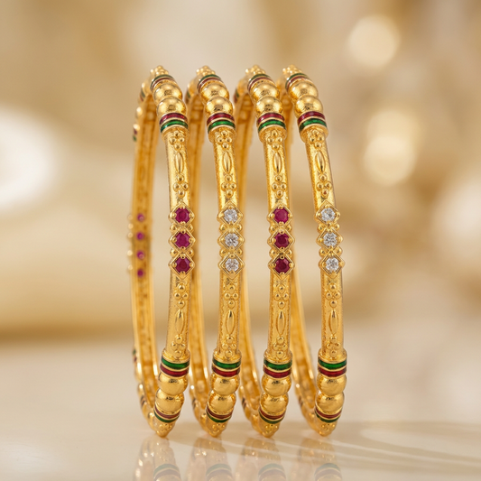 Stylish Daily Wear Bangles With Ruby-White Stones Pack Of 4 Pis