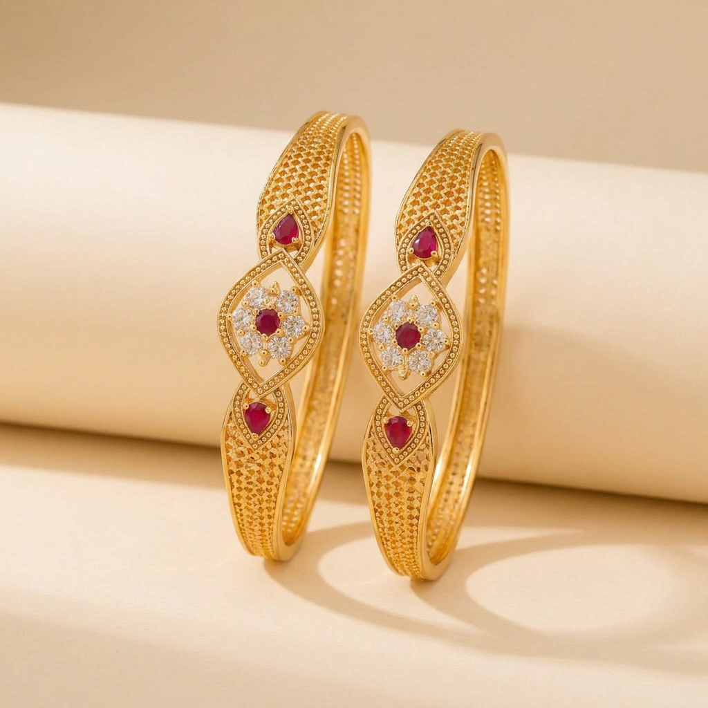 Elegant Gold-Plated Designer Bangles with CZ & Ruby Stone