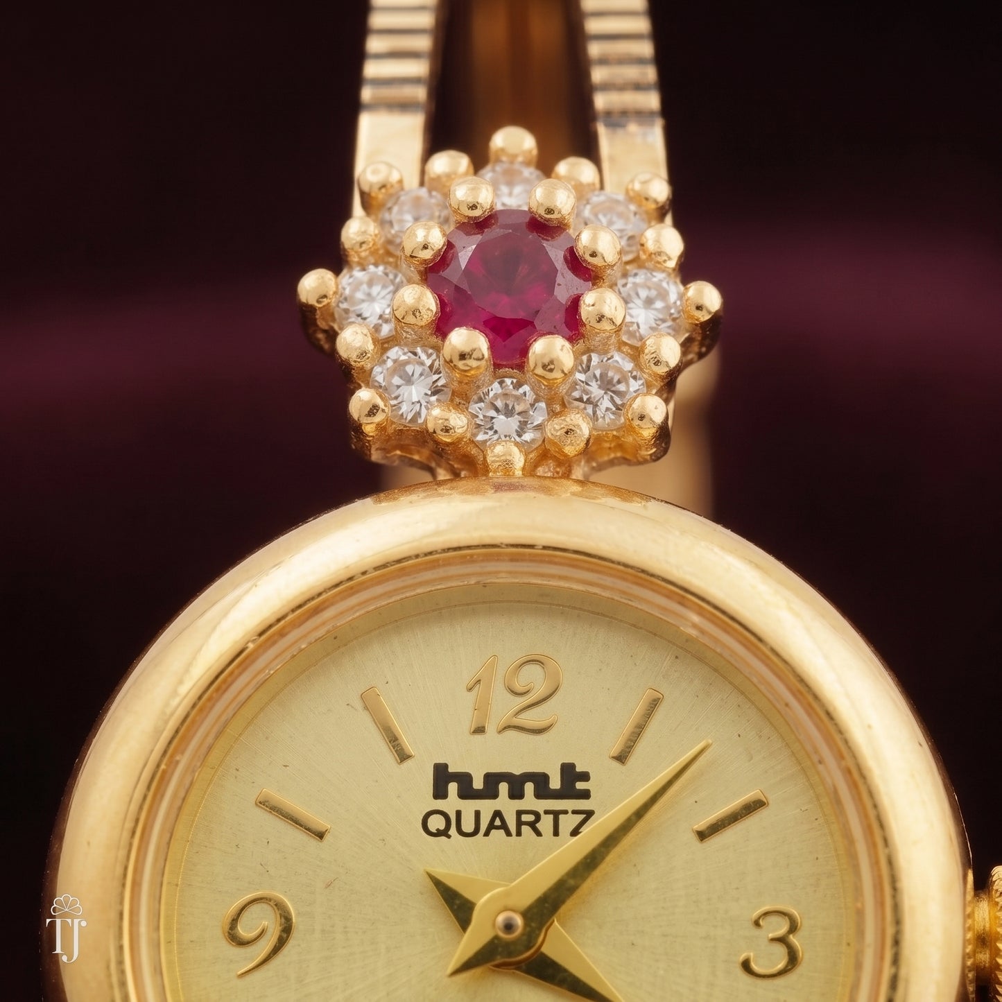 Gold Plated Quartz Watch with Diamond Ruby Bangle Bracelet Set