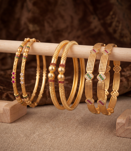 Gold Plated Daily Wear Bangles | Unique & Stylish Bangles for Everyday Use Combo Set of 6 Pcs (3 Pairs)