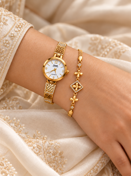Gold-Tone Watch and Floral Charm Bracelet Combo for Women