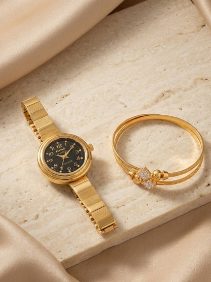 Gold Plated Bracelet Watch with Diamond Bracelet Combo