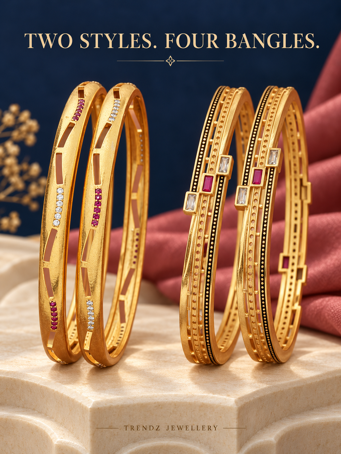 Micro Gold Plated Square Shape Bangles for Women | White AD & Ruby Stone Bangle Set