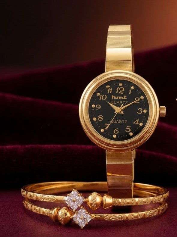 Gold Plated Bracelet Watch with Diamond Bracelet Combo