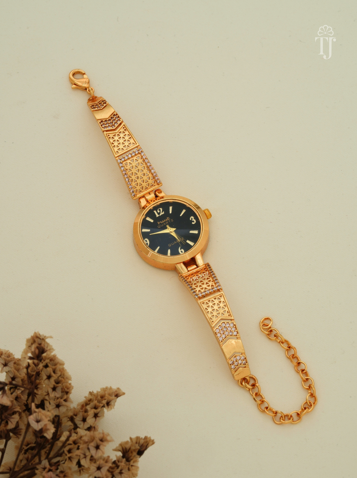Black Dial Gold Plated Bracelet Watch for Women with Jali Strap and AD Stones