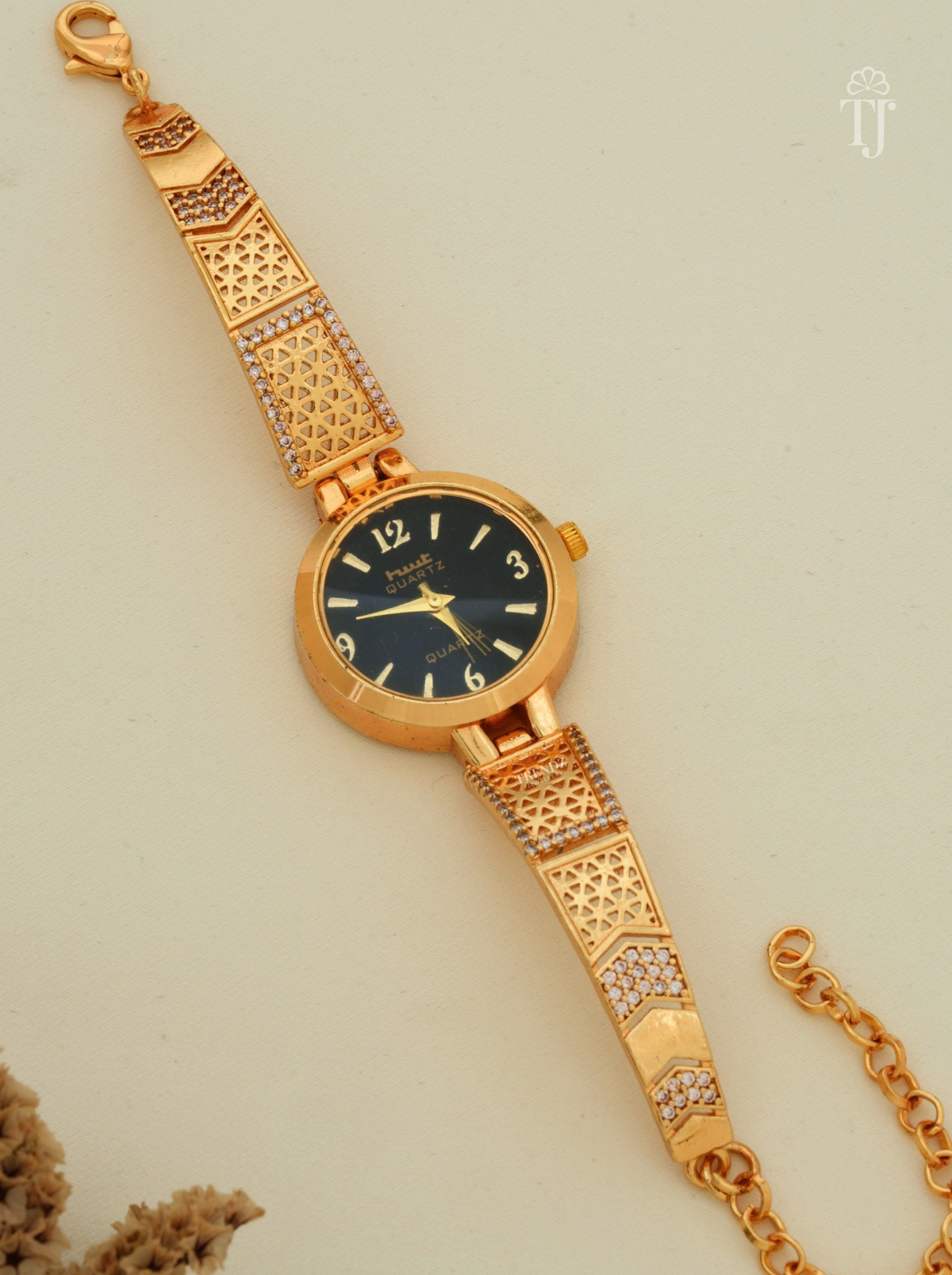 Black Dial Gold Plated Bracelet Watch for Women with Jali Strap and AD Stones