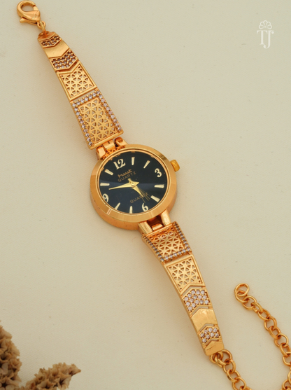 Black Dial Gold Plated Bracelet Watch for Women with Jali Strap and AD Stones