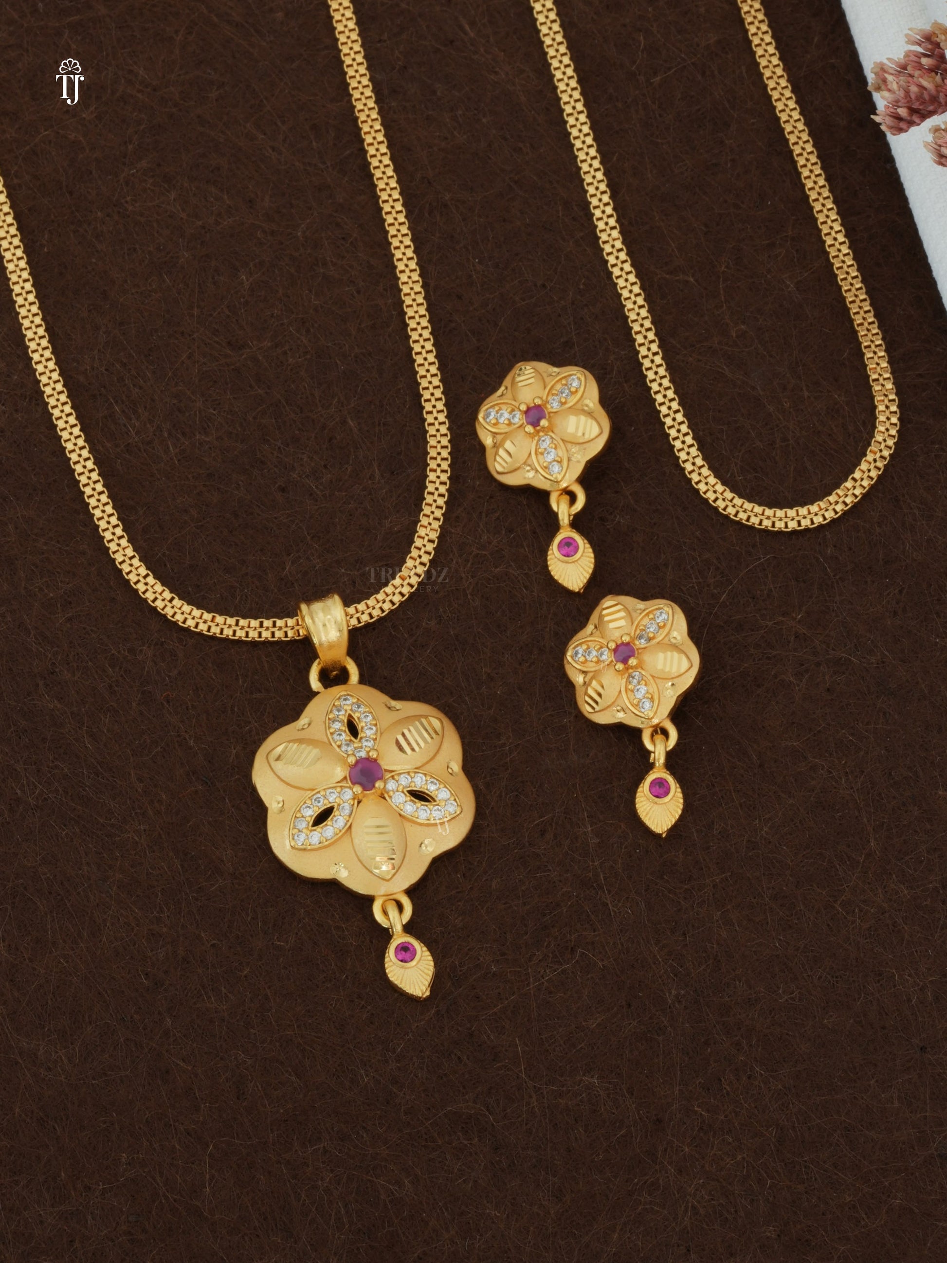 Artificial Gold Pendant Set for Women | Cute Flower Design Pendant & Earrings