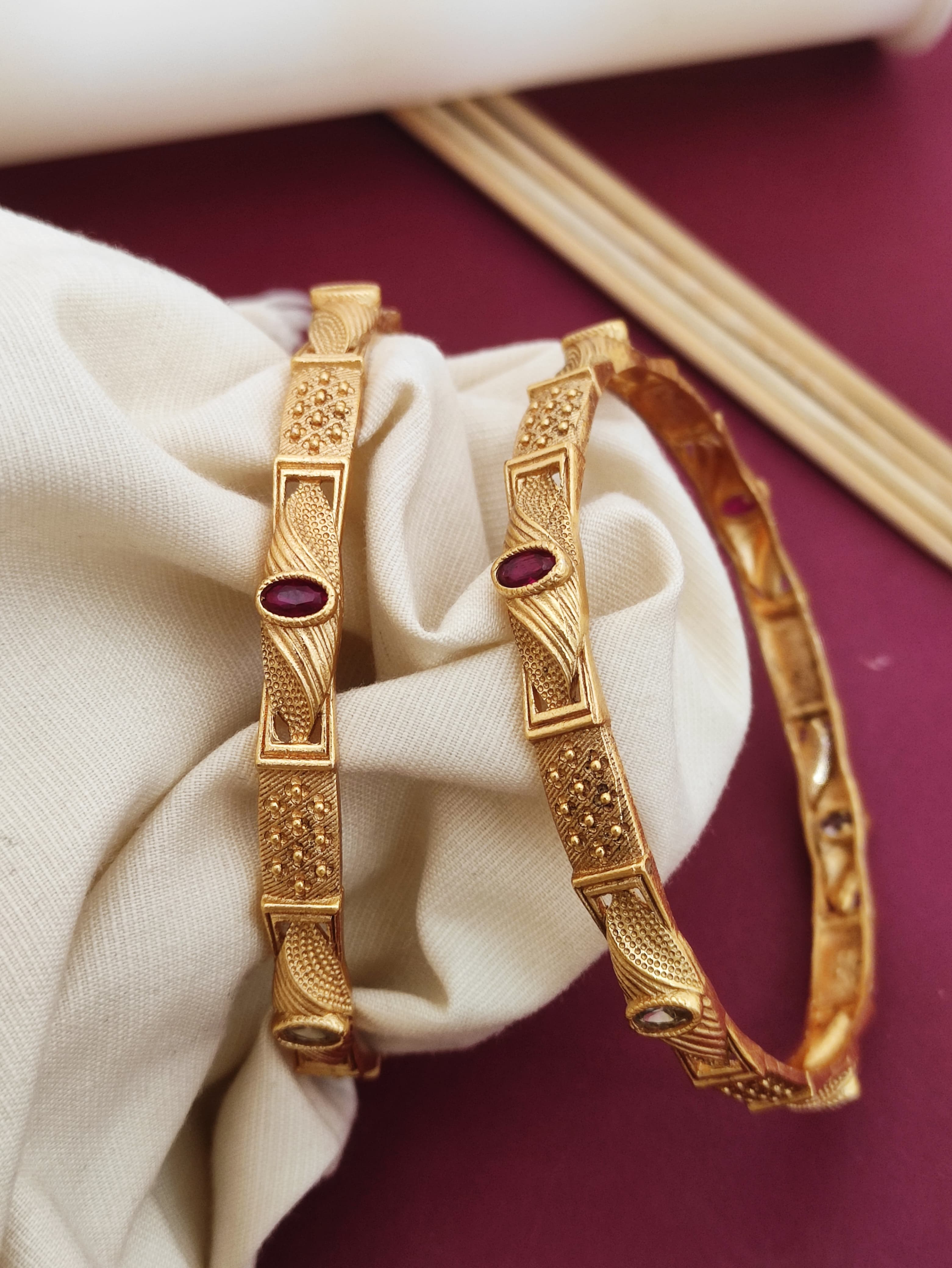 Beautiful Designer Bangles With Ruby Stones Pack Of 2 Pieces ( 1 Pair )