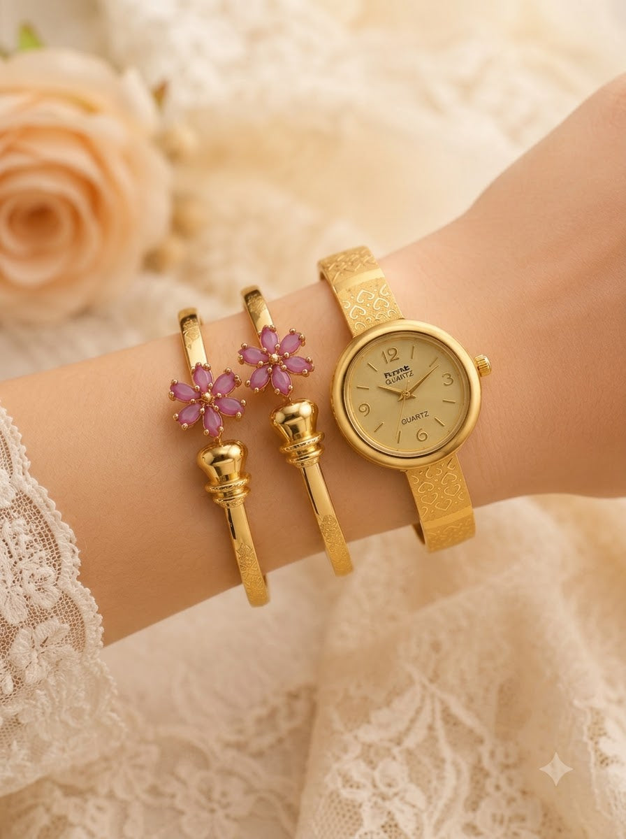 Gold-Tone Pink Floral Bracelet Watch Combo for Women | 1 Pair Bracelet + 1 Watch Set