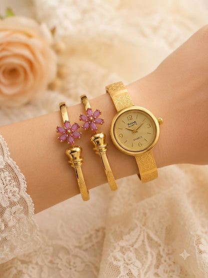 Gold-Tone Pink Floral Bracelet Watch Combo for Women | 1 Pair Bracelet + 1 Watch Set