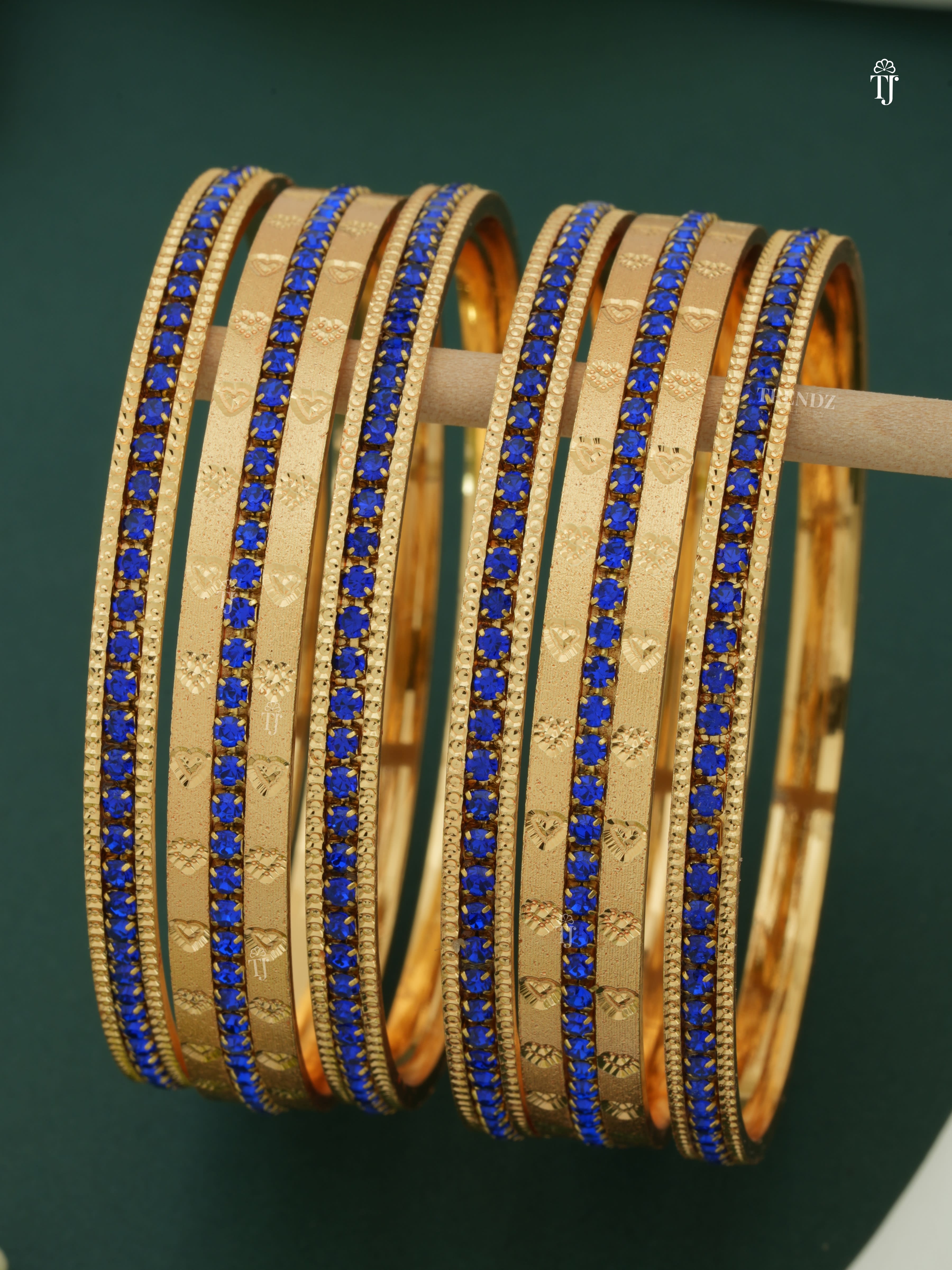 CNC Bangles with Diamond | Blue Diamond Bangles Set (Pair of 3, Total 6 Bangles)