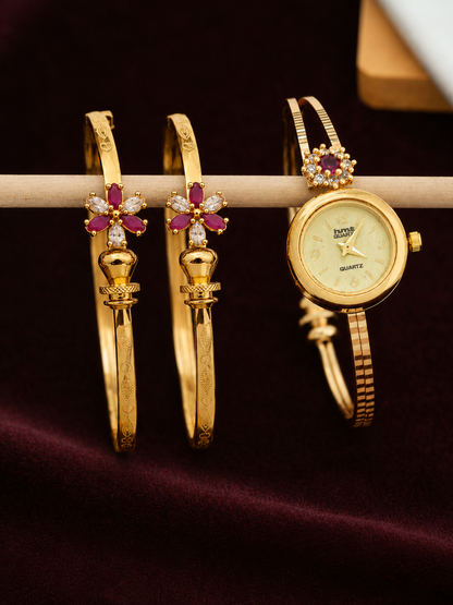 Adjustable Gold-Tone Floral Watch & Bracelet Combo Set For Women | 1 Pair Bracelet + 1 Watch Set