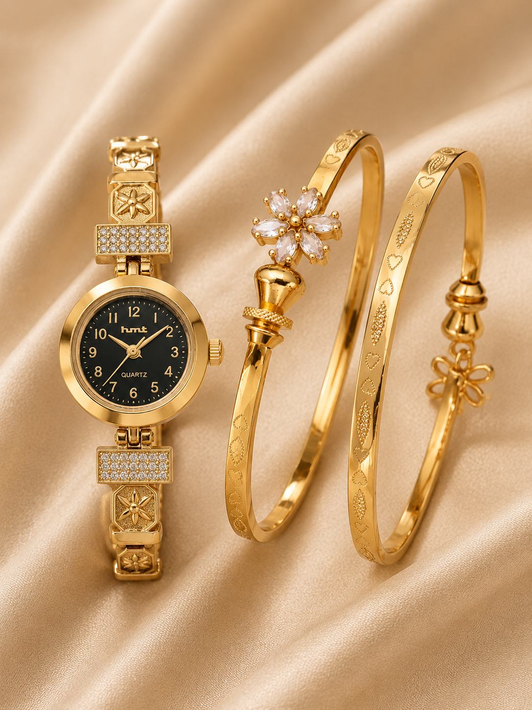 Gold-Tone Floral Watch & Designer Bracelet Combo Set For Women | 1 Pair Bracelet + 1 Watch Set
