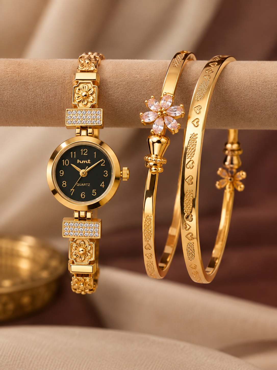 Gold-Tone Floral Watch & Designer Bracelet Combo Set For Women | 1 Pair Bracelet + 1 Watch Set