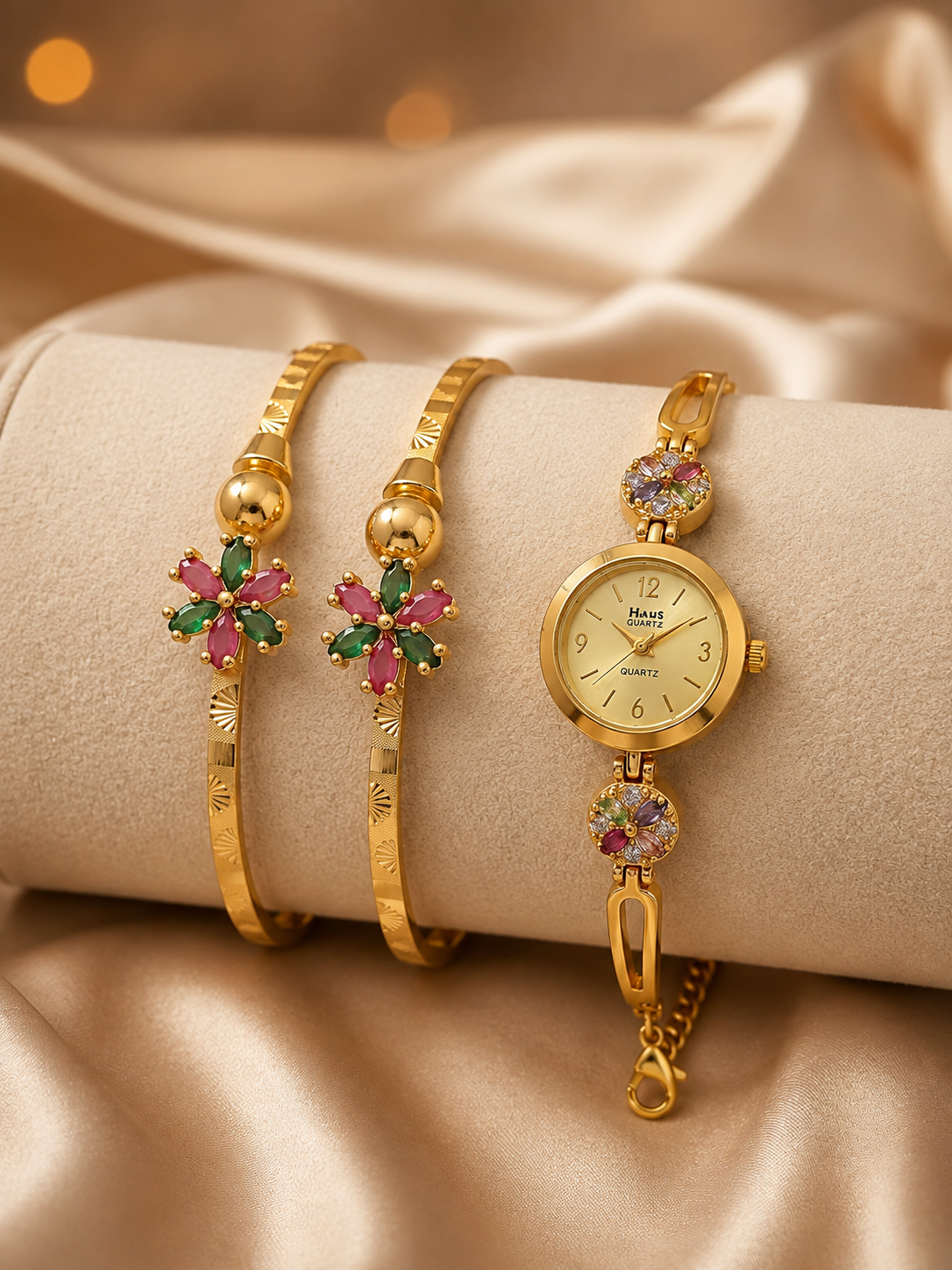 Elegant Floral Designer Bracelet Watch Combo Jewellery Set