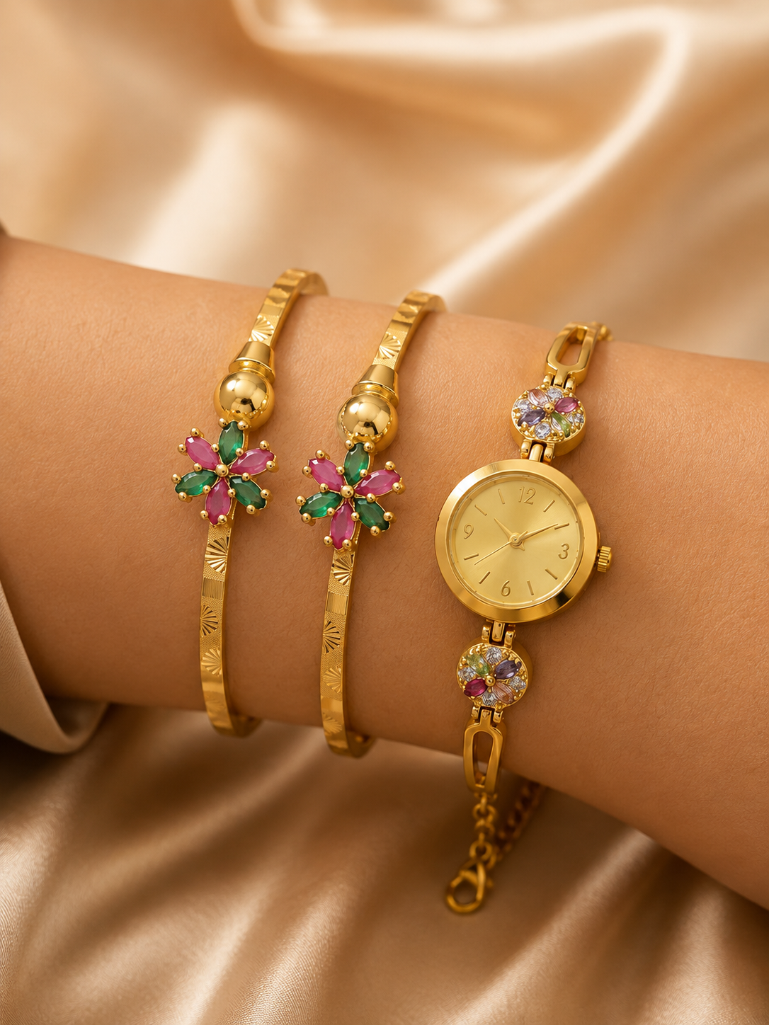 Elegant Floral Designer Bracelet Watch Combo Jewellery Set