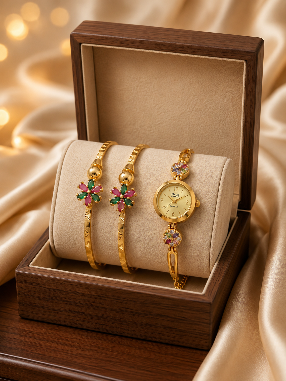 Elegant Floral Designer Bracelet Watch Combo Jewellery Set