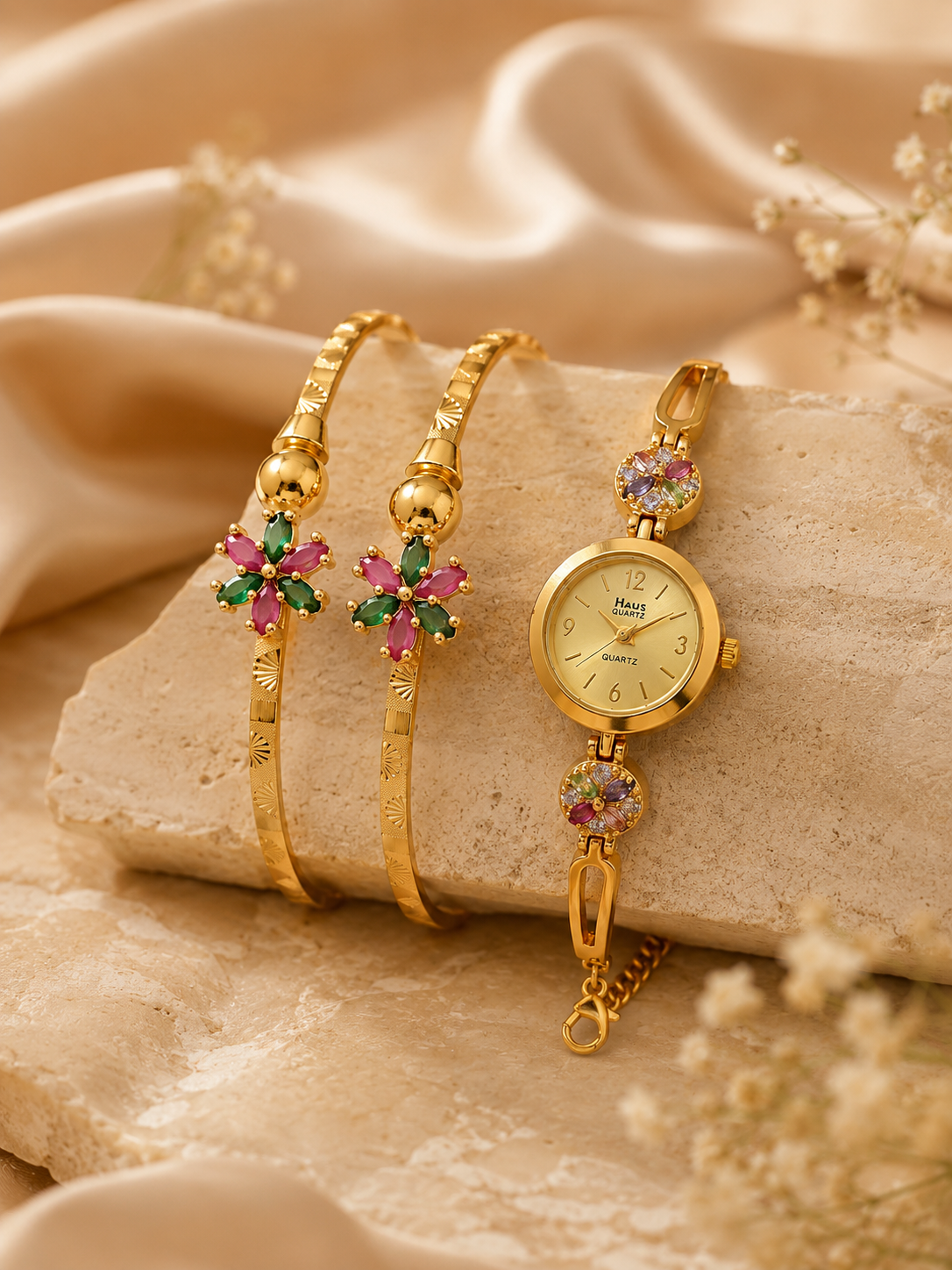 Elegant Floral Designer Bracelet Watch Combo Jewellery Set