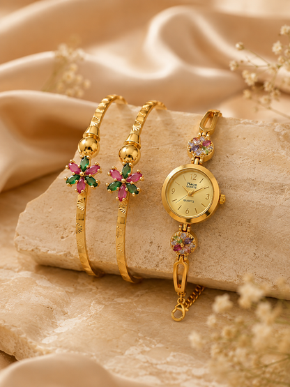 Elegant Floral Designer Bracelet Watch Combo Jewellery Set