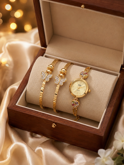 Elegant Butterfly Bracelet & Designer Watch Set For Women