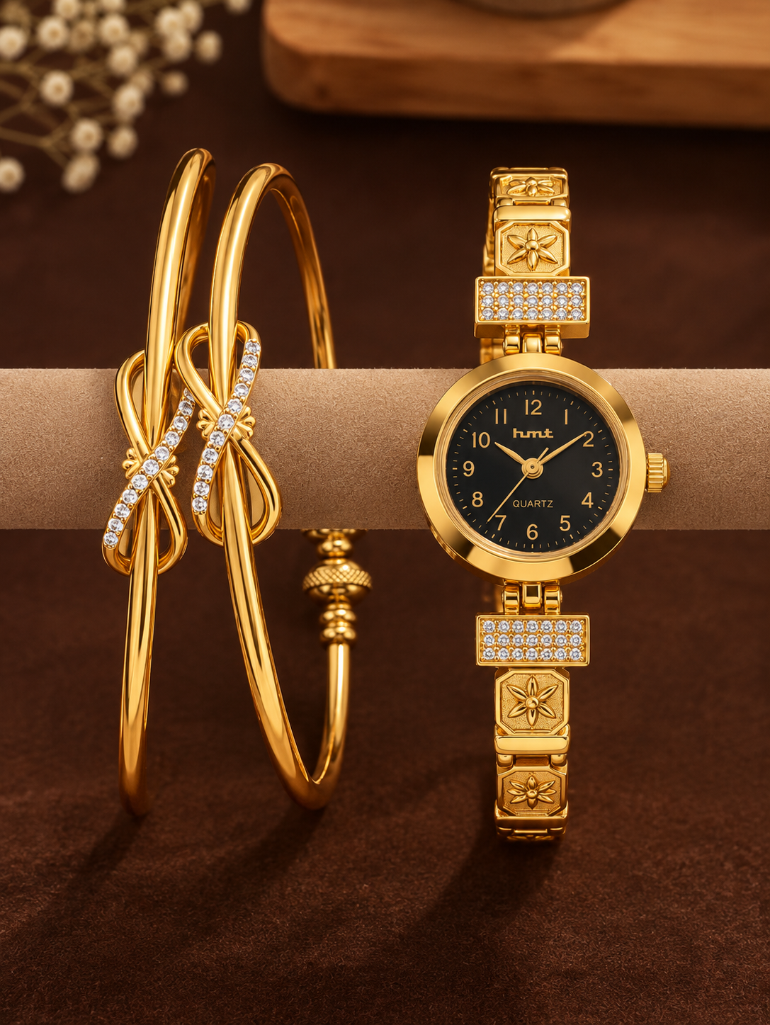 Gold-Tone Infinity Bracelet Watch Combo Set For Women | 1 Pair Bracelet + 1 Watch Set