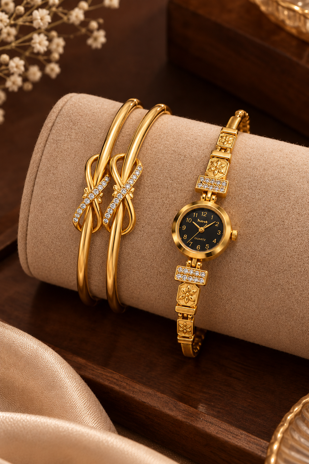 Gold-Tone Infinity Bracelet Watch Combo Set For Women | 1 Pair Bracelet + 1 Watch Set