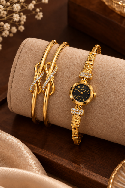 Gold-Tone Infinity Bracelet Watch Combo Set For Women | 1 Pair Bracelet + 1 Watch Set