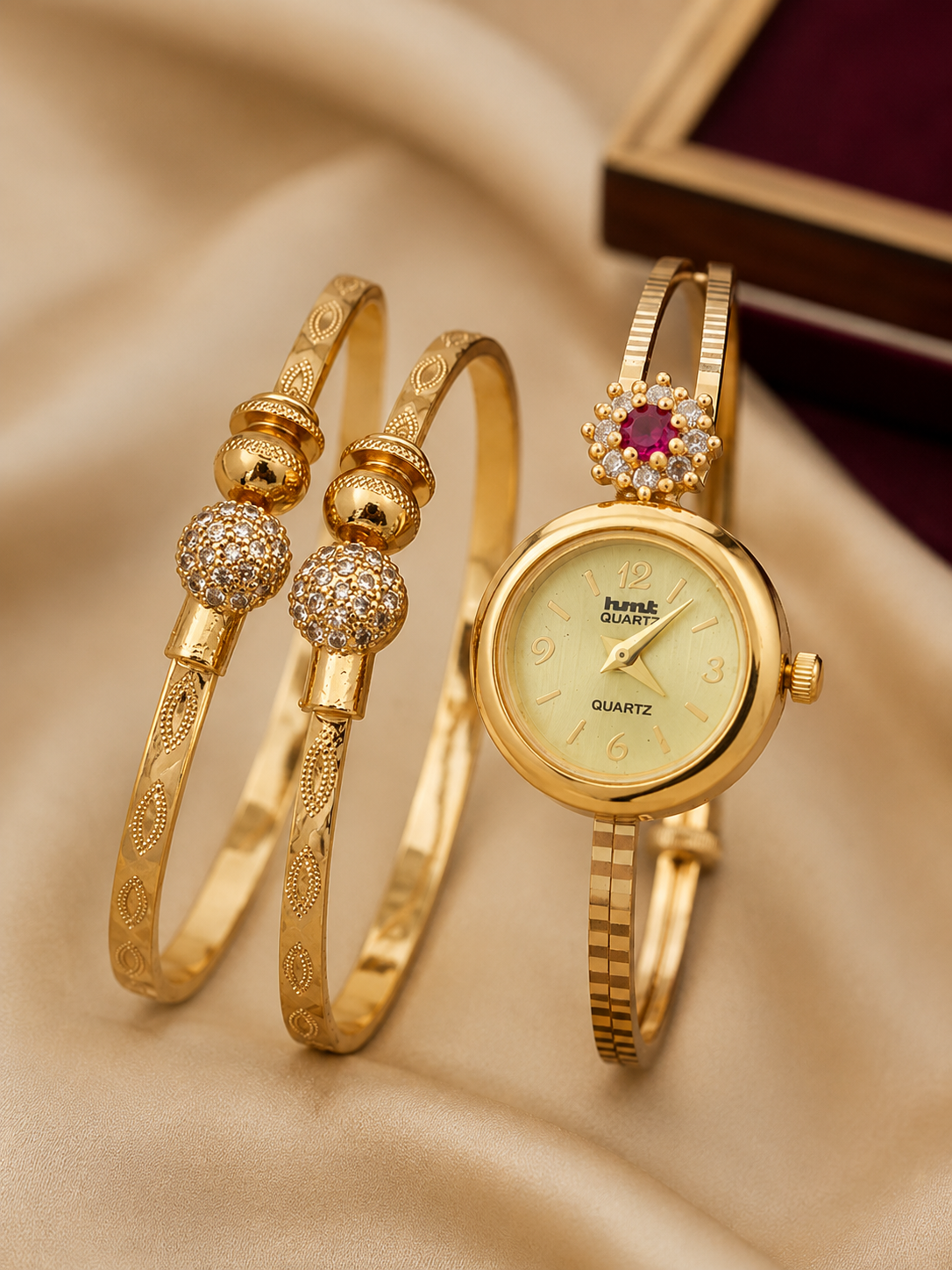 Adjustable Gold-Tone Floral Bracelet Watch & Bracelet Combo Set for Women | 1 Pair Bracelet + 1 Watch Set