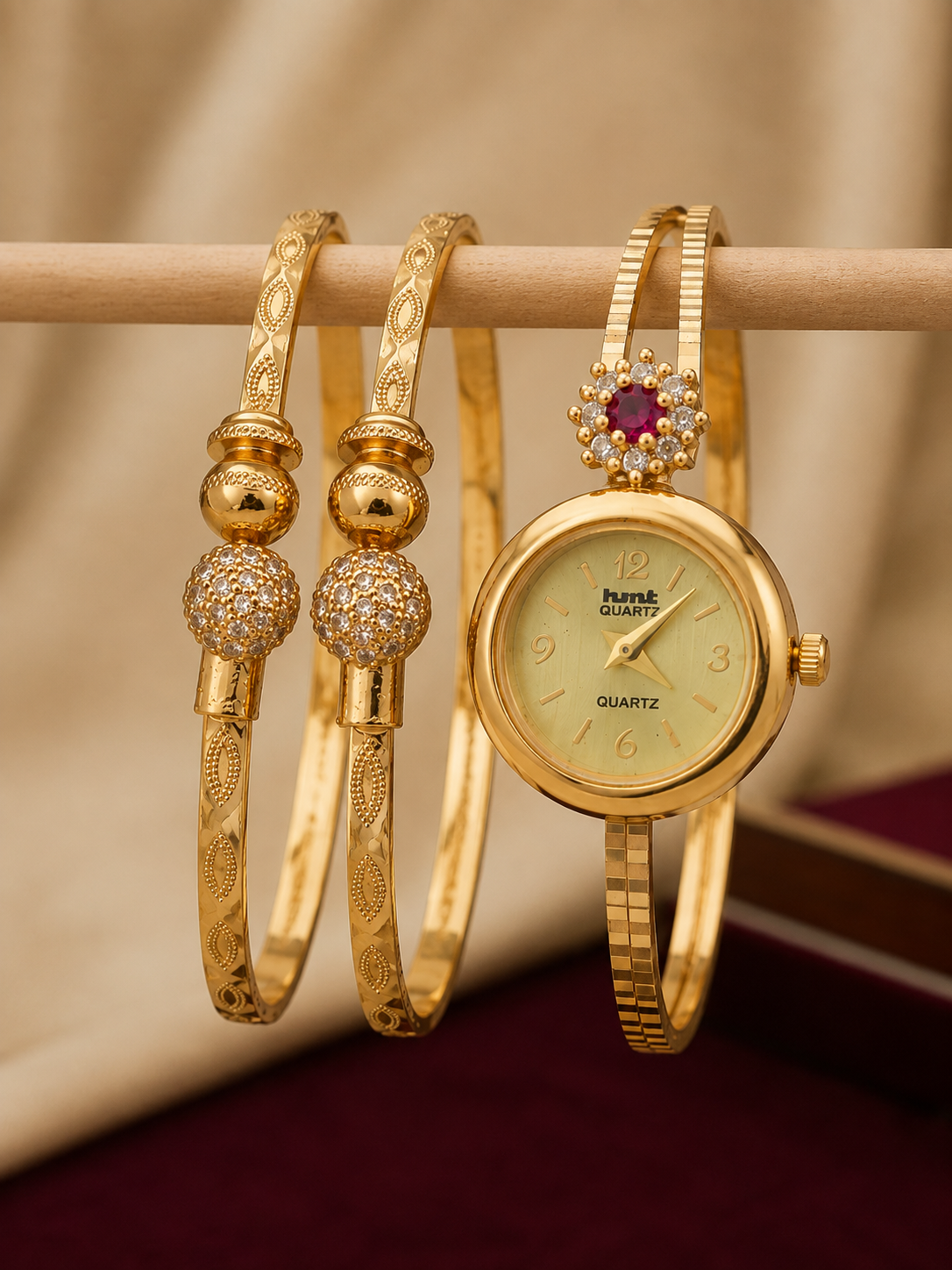 Adjustable Gold-Tone Floral Bracelet Watch & Bracelet Combo Set for Women | 1 Pair Bracelet + 1 Watch Set
