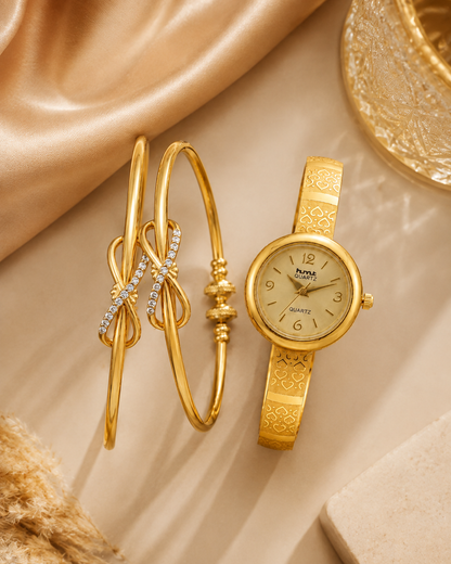 Gold-Tone Infinity Bracelet Watch Combo for Women |  1 Pair Bracelet + 1 Watch Set
