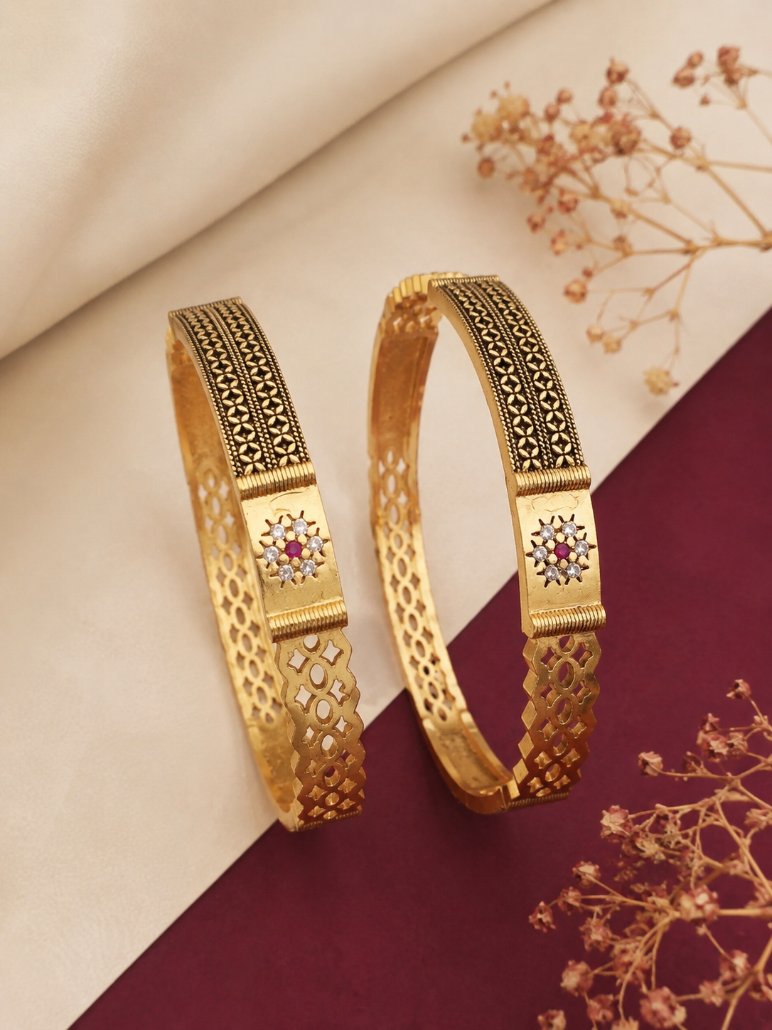 Trending Daily Wear Bangles With Ruby Stones Pack Of 2 Pieces ( 1 Pair )