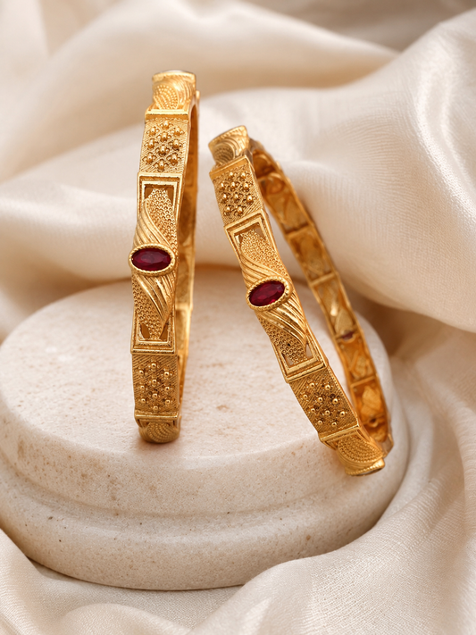 Beautiful Designer Bangles With Ruby Stones Pack Of 2 Pieces ( 1 Pair )