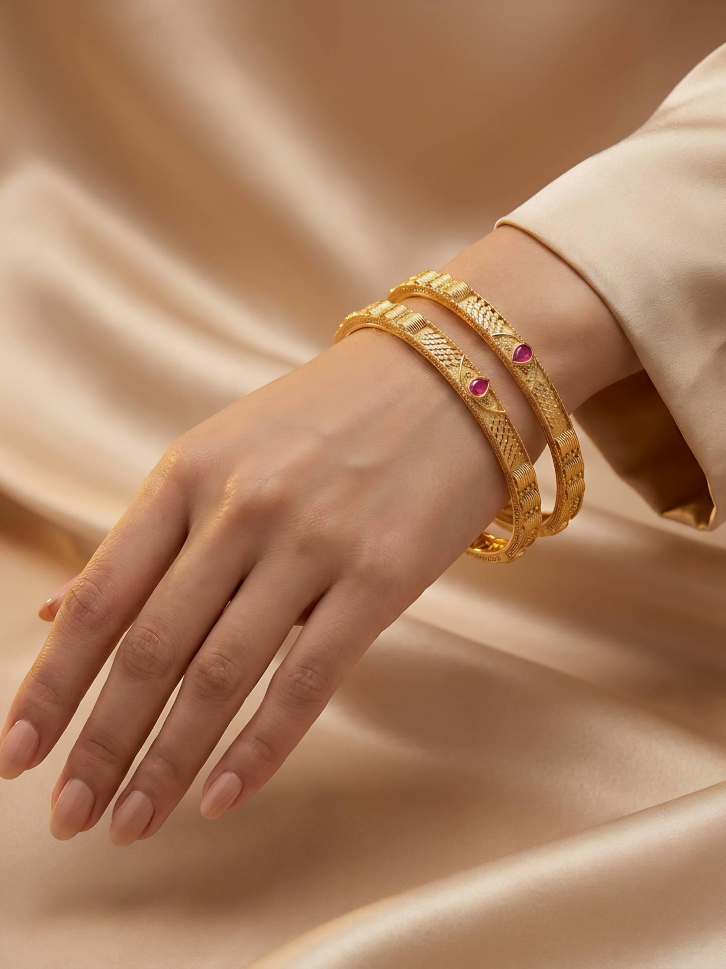 Beautiful Designer Mate Finish Party Wear Bangles With Ruby Stones