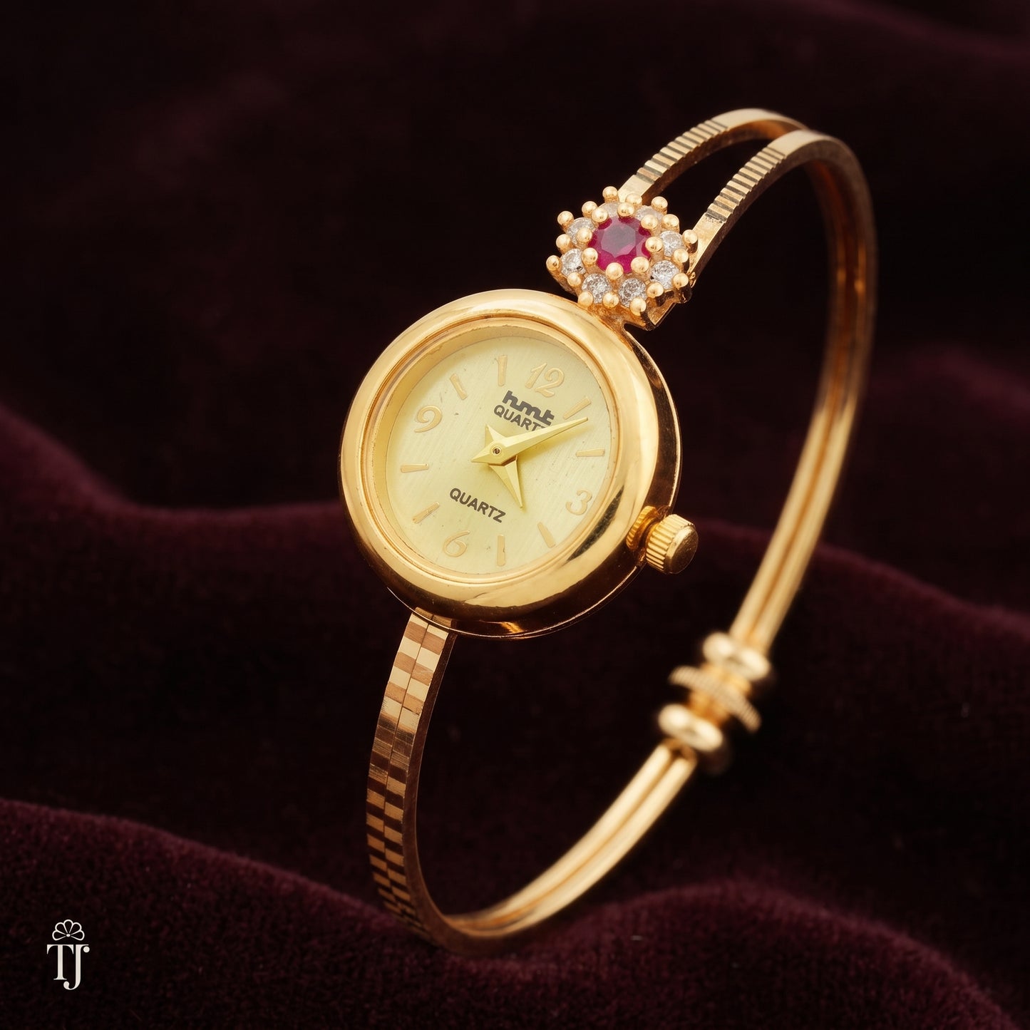 Gold Plated Quartz Watch with Diamond Ruby Bangle Bracelet Set