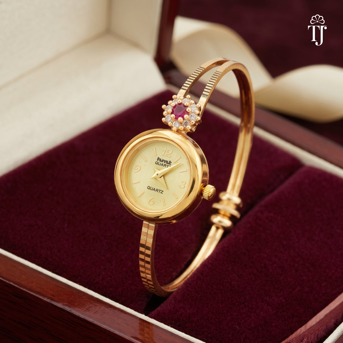 Gold Plated Quartz Watch with Diamond Ruby Bangle Bracelet Set