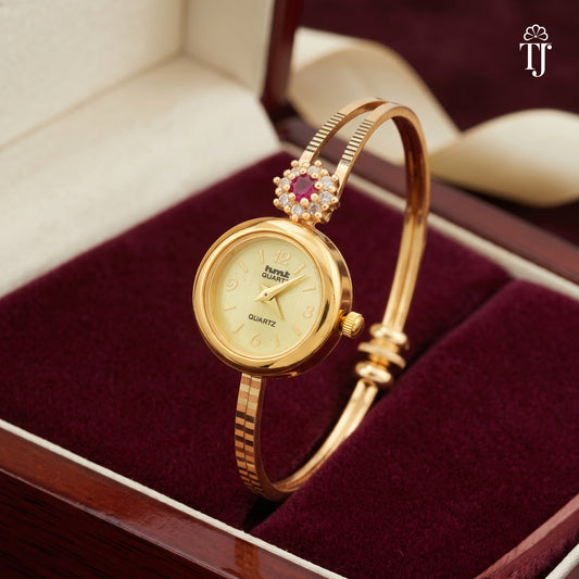 Gold Plated Quartz Watch with Diamond Ruby Bangle Bracelet Set