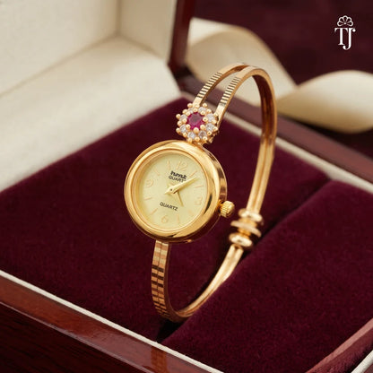 Adjustable Gold-Tone Floral Bracelet Watch & Bracelet Combo Set for Women | 1 Pair Bracelet + 1 Watch Set
