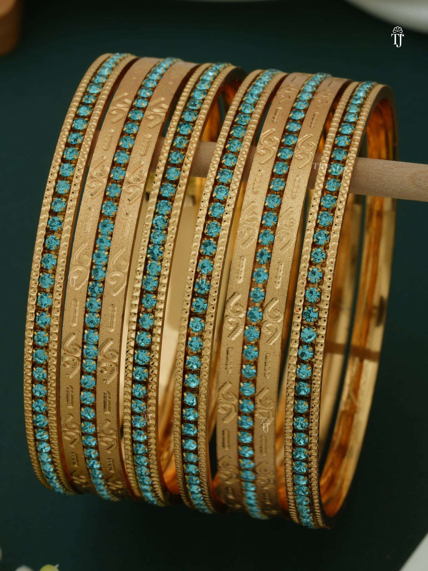 Diamond Studded CNC Gold Plated Bangle Set | Blue Rare Bangle Set for Women