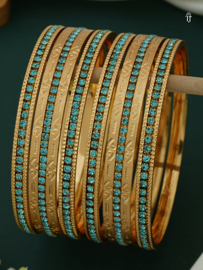 Diamond Studded CNC Gold Plated Bangle Set | Blue Rare Bangle Set for Women
