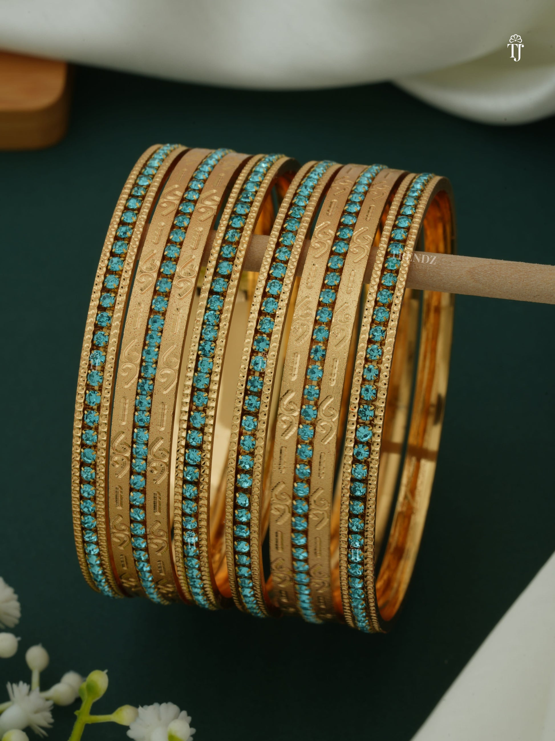 Diamond Studded CNC Gold Plated Bangle Set | Blue Rare Bangle Set for Women