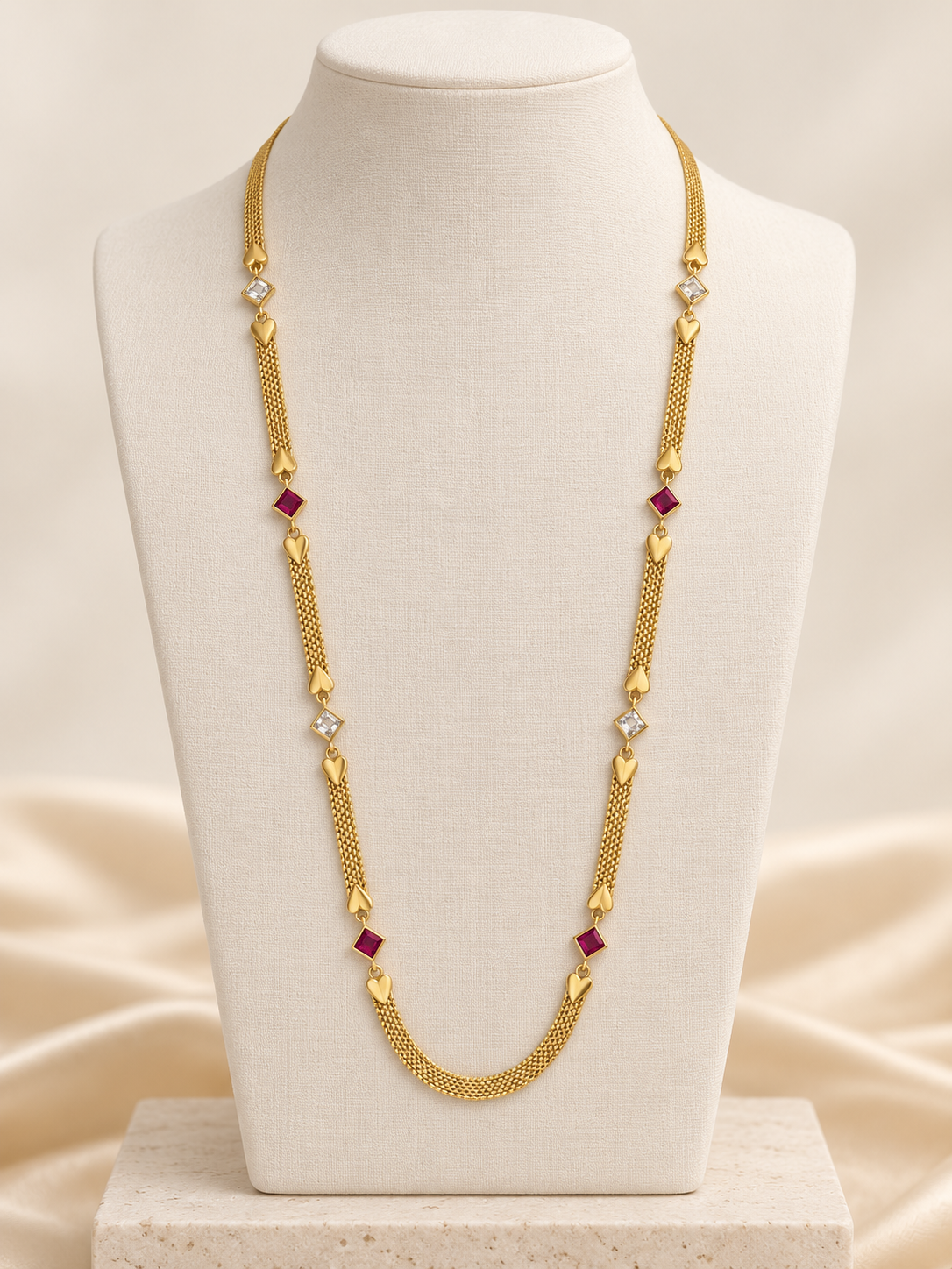 Ruby & AD Square Stone Gold-Plated Long Chain for Women