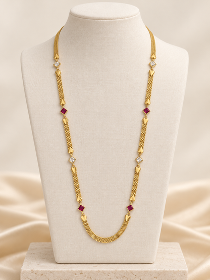 Ruby & AD Square Stone Gold-Plated Long Chain for Women