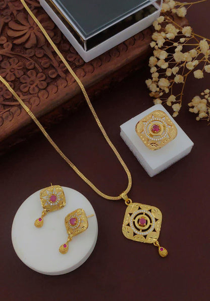 Elegance 1 gm Gold Plated Pendant With Matching Earrings & Ring Set