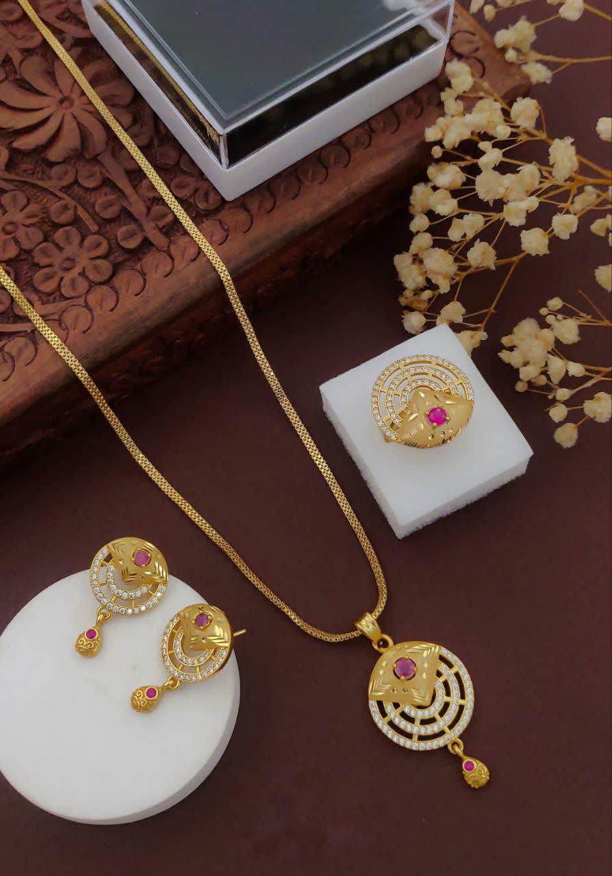 Elegance 1 gm Gold Plated Pendant With Matching Earrings & Ring Set